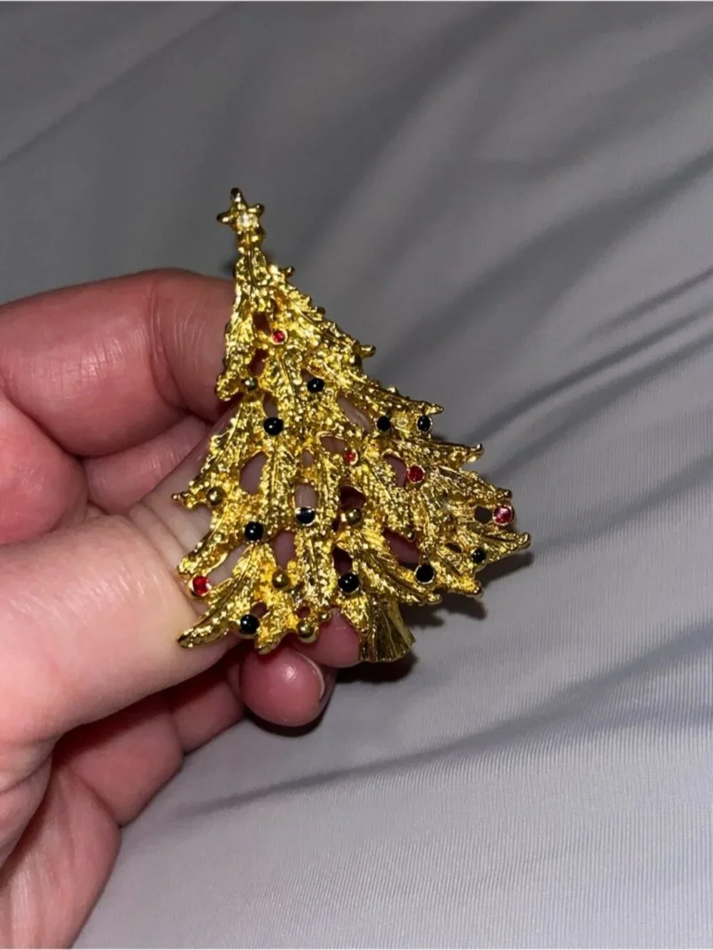 Vintage Gold-Tone Christmas Tree Brooch with Red & Black Accents